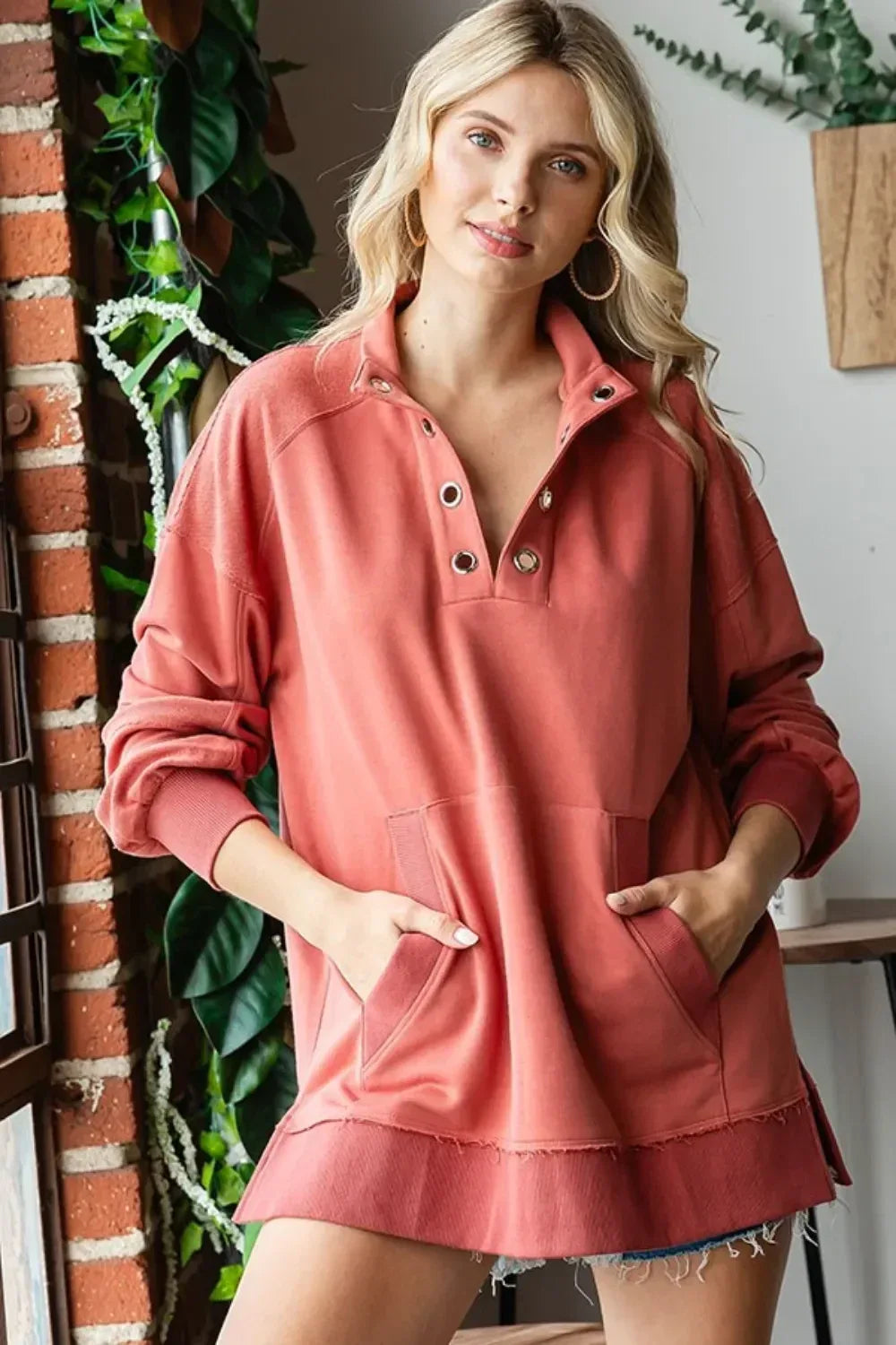 First Love Grommet Split Neck Kangaroo Pocket Sweatshirt - DAVERRI FASHIONS