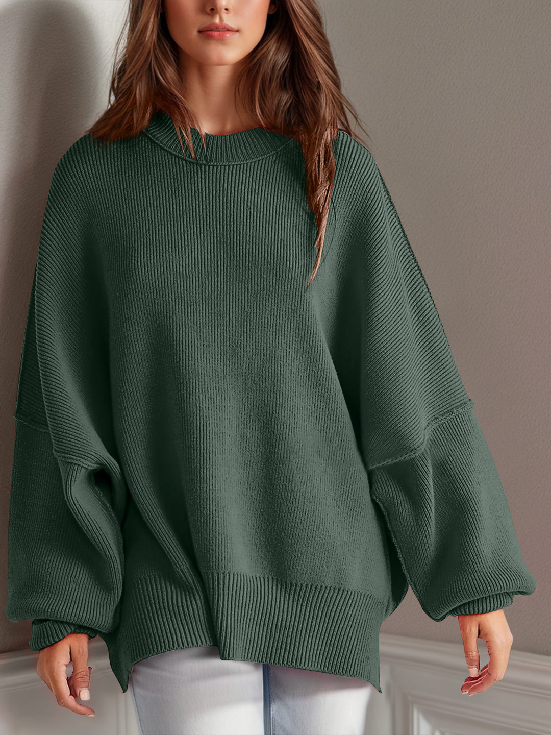 Side Slit Round Neck Long Sleeve Sweater Moss Tops