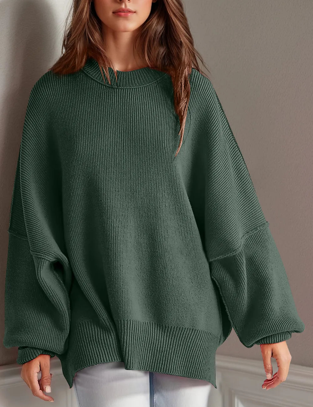 Moss Side Slit Round Neck Long Sleeve Sweater | Sweaters Daverri Fashions
