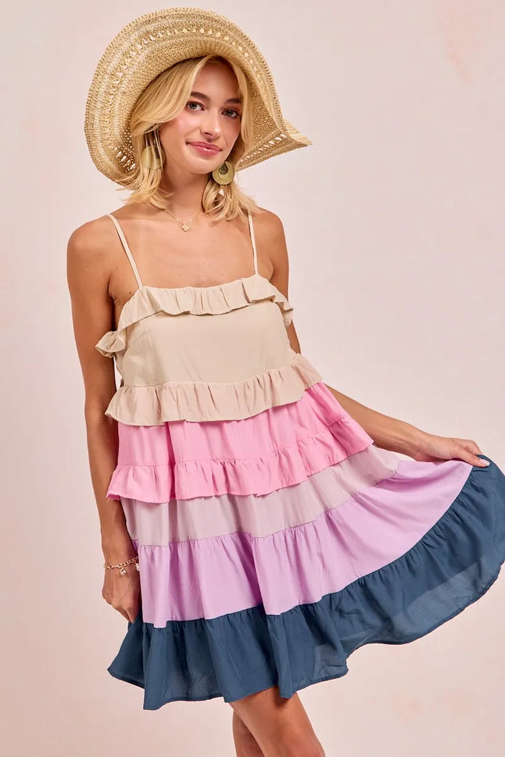 BiBi Color Blocked Tiered Dress Mini Dresses