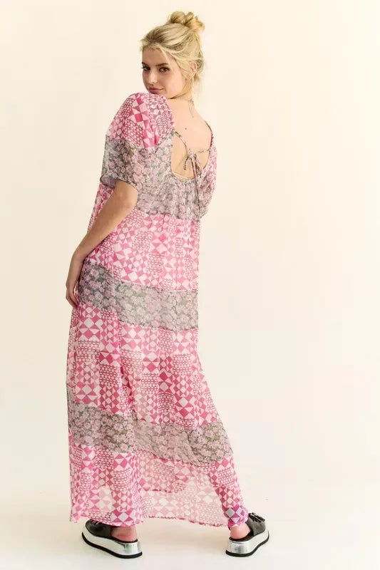 Davi & Dani Multi Floral Square Neck Puff Sleeve Maxi Dress - DAVERRI FASHIONS