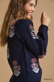 Umgee Floral Knit Sweater with Puff Sleeves | Sweaters Daverri Fashions