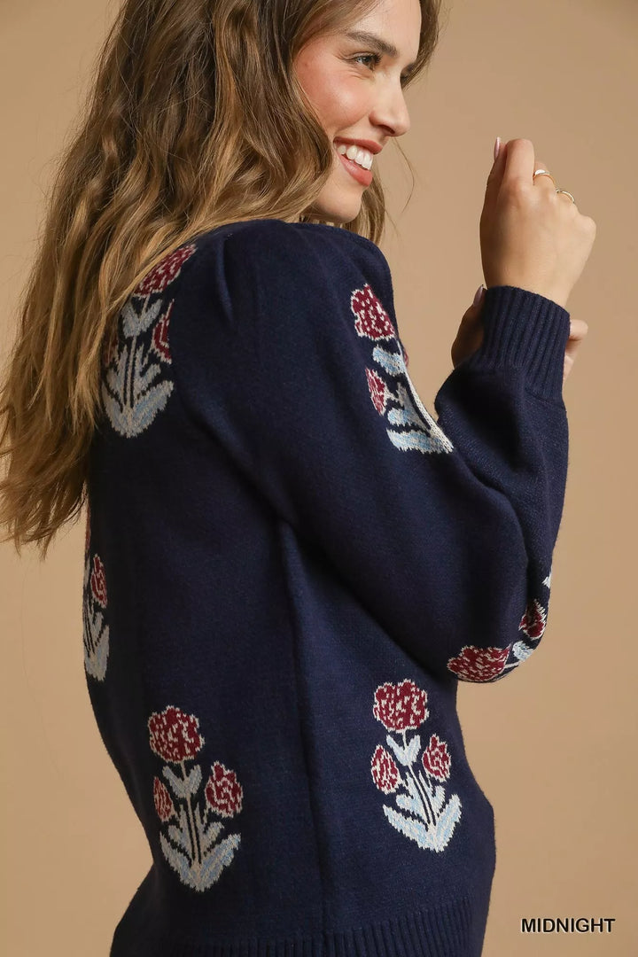 Umgee Floral Knit Sweater with Puff Sleeves | Sweaters Daverri Fashions