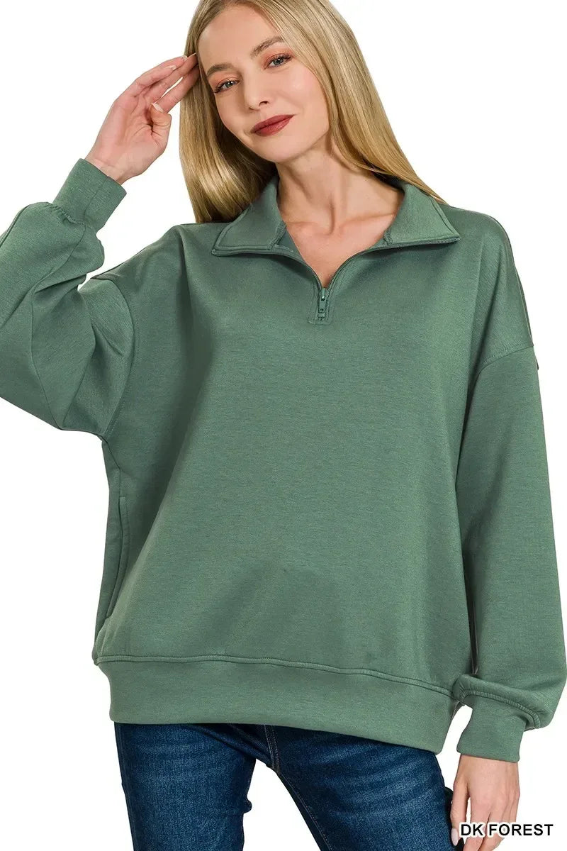 Zenana Scuba Quarter-Zip Sweatshirt - DAVERRI FASHIONS