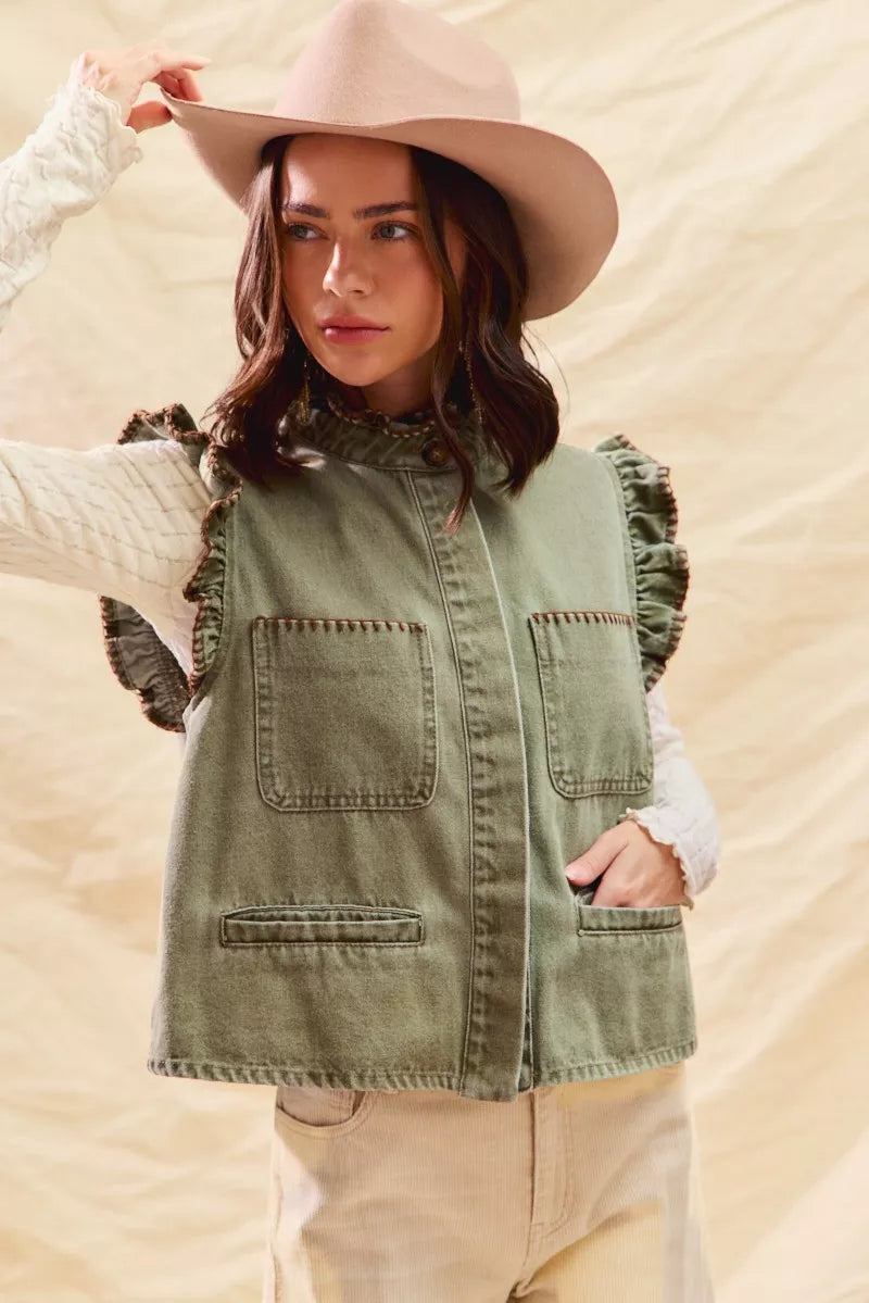 SO ME Washed Denim Stitch Ruffled Hidden Button Vest Top | Daverri Fashions