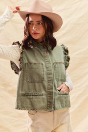 SO ME Washed Denim Stitch Ruffled Hidden Button Vest Top | Daverri Fashions