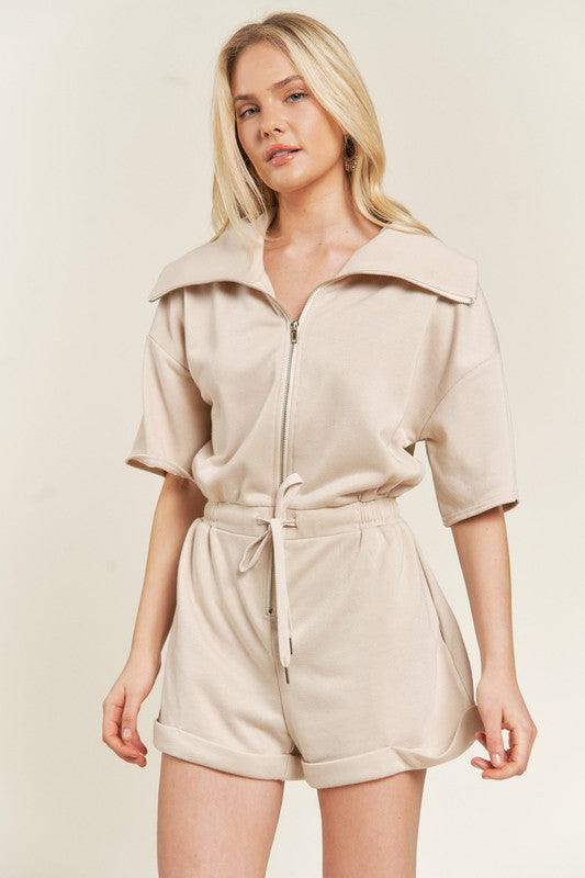 French Terry Front Zip Plus Size Romper BEIGE Rompers