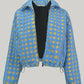Daverri plaid zip-up sherpa jacket in blue and yellow patterned shearling with quilted design