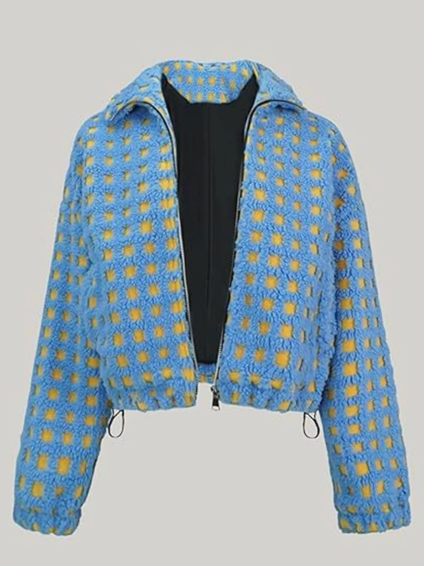 Daverri plaid zip-up sherpa jacket in blue and yellow patterned shearling with quilted design