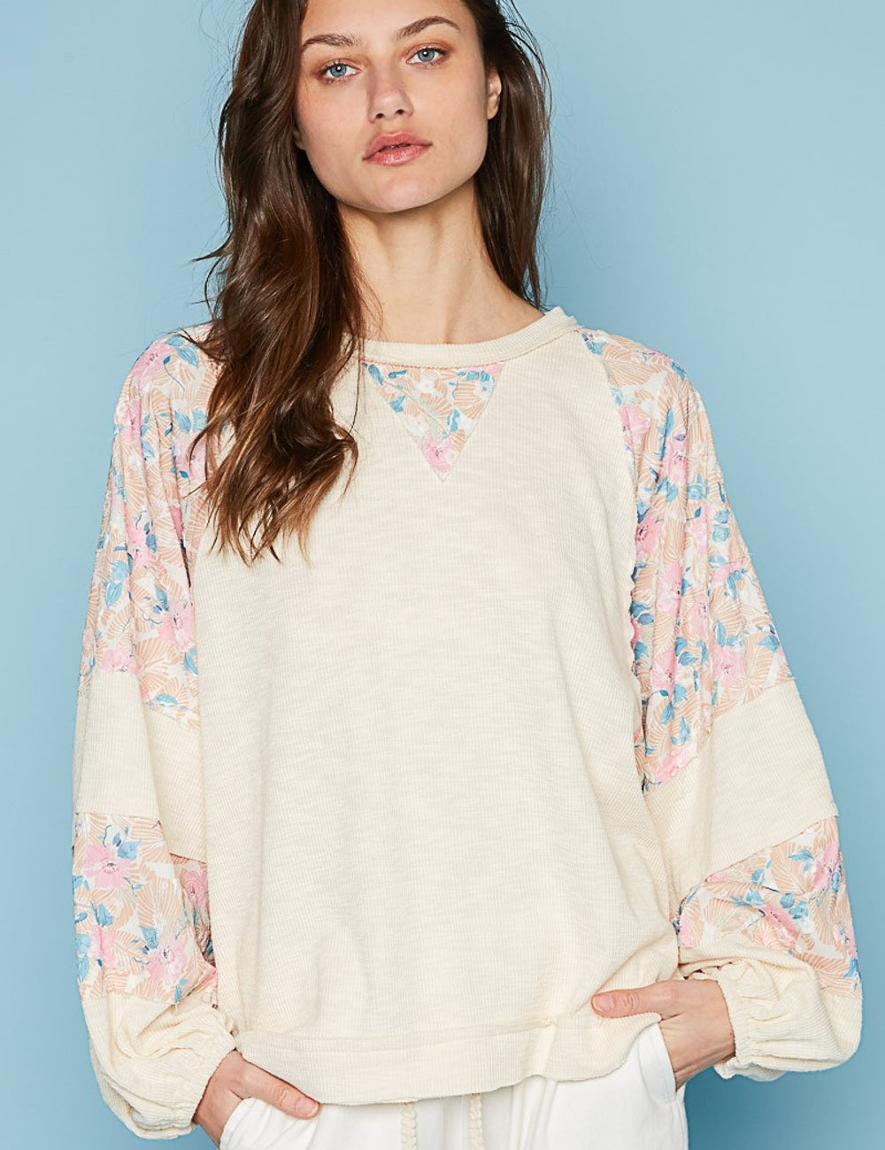 POL Round Neck Balloon Floral Long Sleeve Top Cream Multi