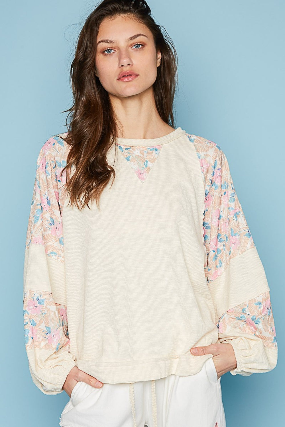 POL Round Neck Balloon Floral Long Sleeve Top Cream Multi