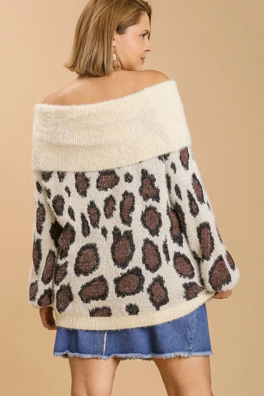 Umgee Plus Size Leopard Off-Shoulder Long Sleeve Sweater - DAVERRI FASHIONS