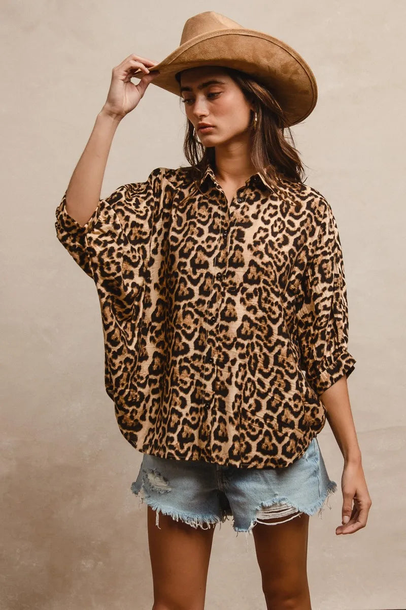 BiBi Leopard Prints Oversized Short Sleeves Top Tops