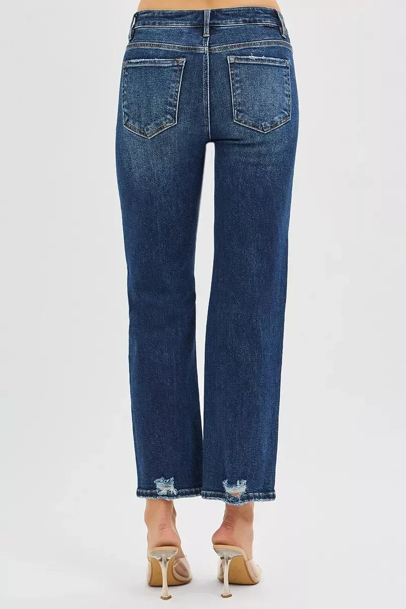 RISEN High Rise Crop Slim Straight Jeans with Hidden Knee Patch - DAVERRI FASHIONS