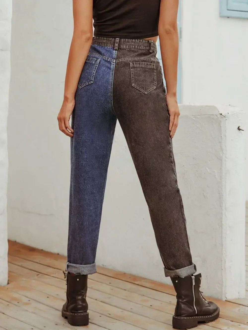 Two Tone Straight Leg Jeans - DAVERRI FASHIONS