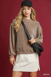 Umgee Velour Crewneck Balloon Sleeve Sweatshirt | Sweatshirts Daverri Fashions