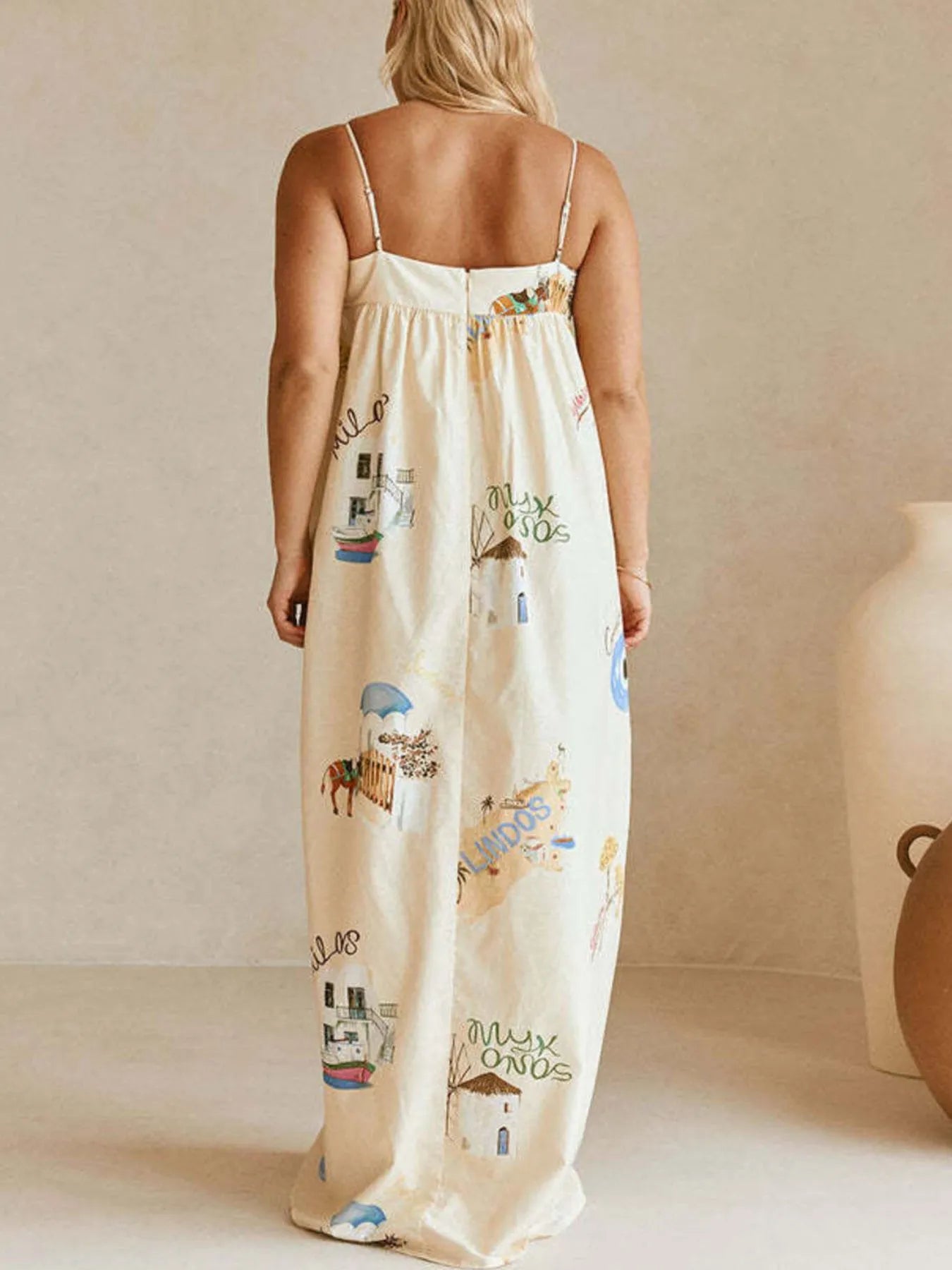 Cream Daverri bohemian print cami maxi dress with Milos Greek scenes