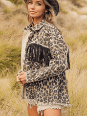 Leopard Fringe Detail Collared Neck Denim Jacket | Denim Jackets Daverri Fashions