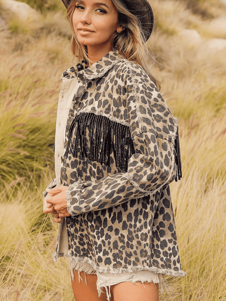 Leopard Fringe Detail Collared Neck Denim Jacket | Denim Jackets Daverri Fashions