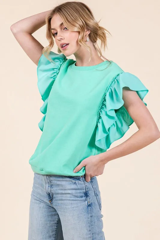 Lime 'N' Chili Solid Shoulder Ruffle Detail Round Neck Top | Tops Daverri Fashions