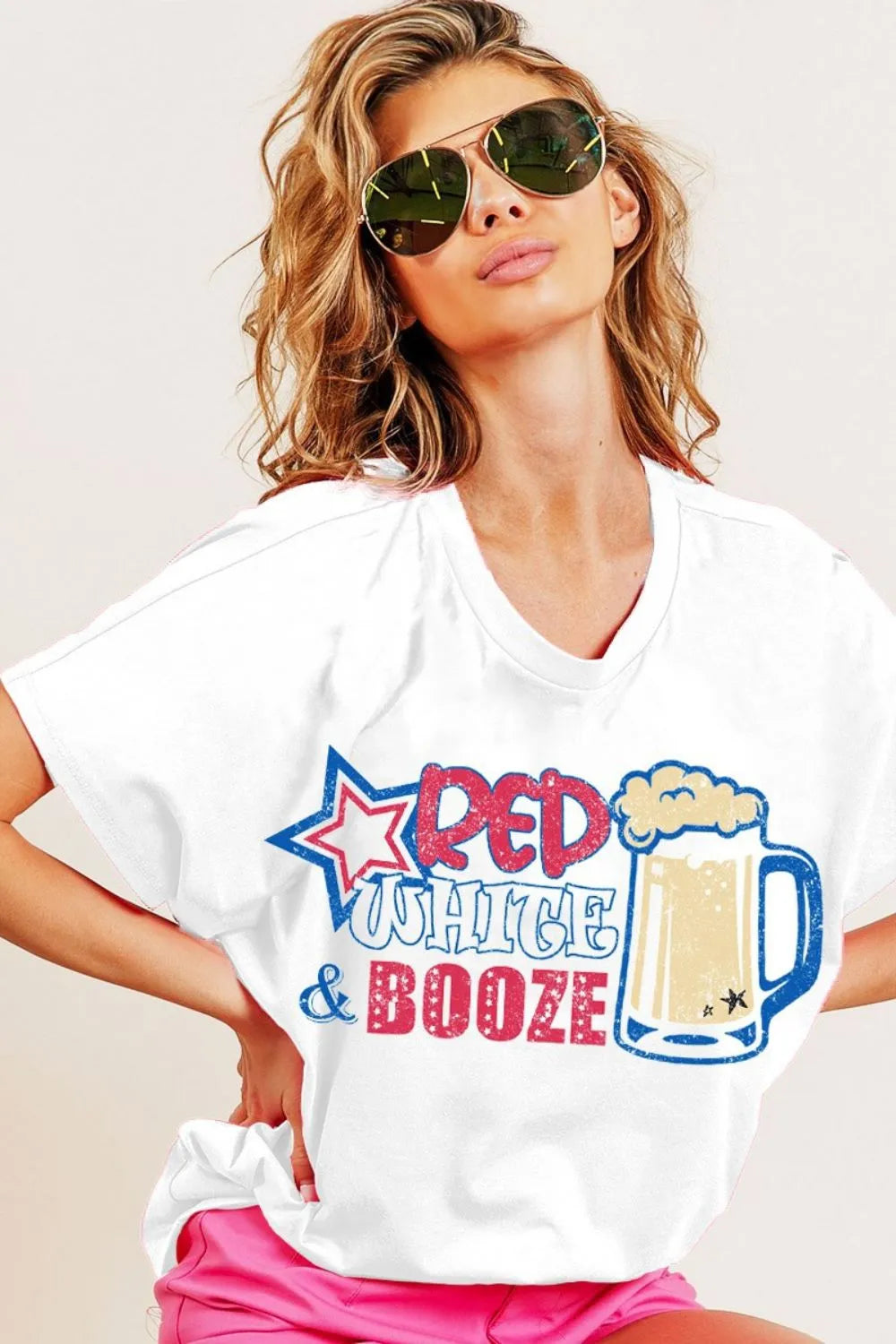 BiBi Red White and Booze graphic v-neck t-shirt with beer mug