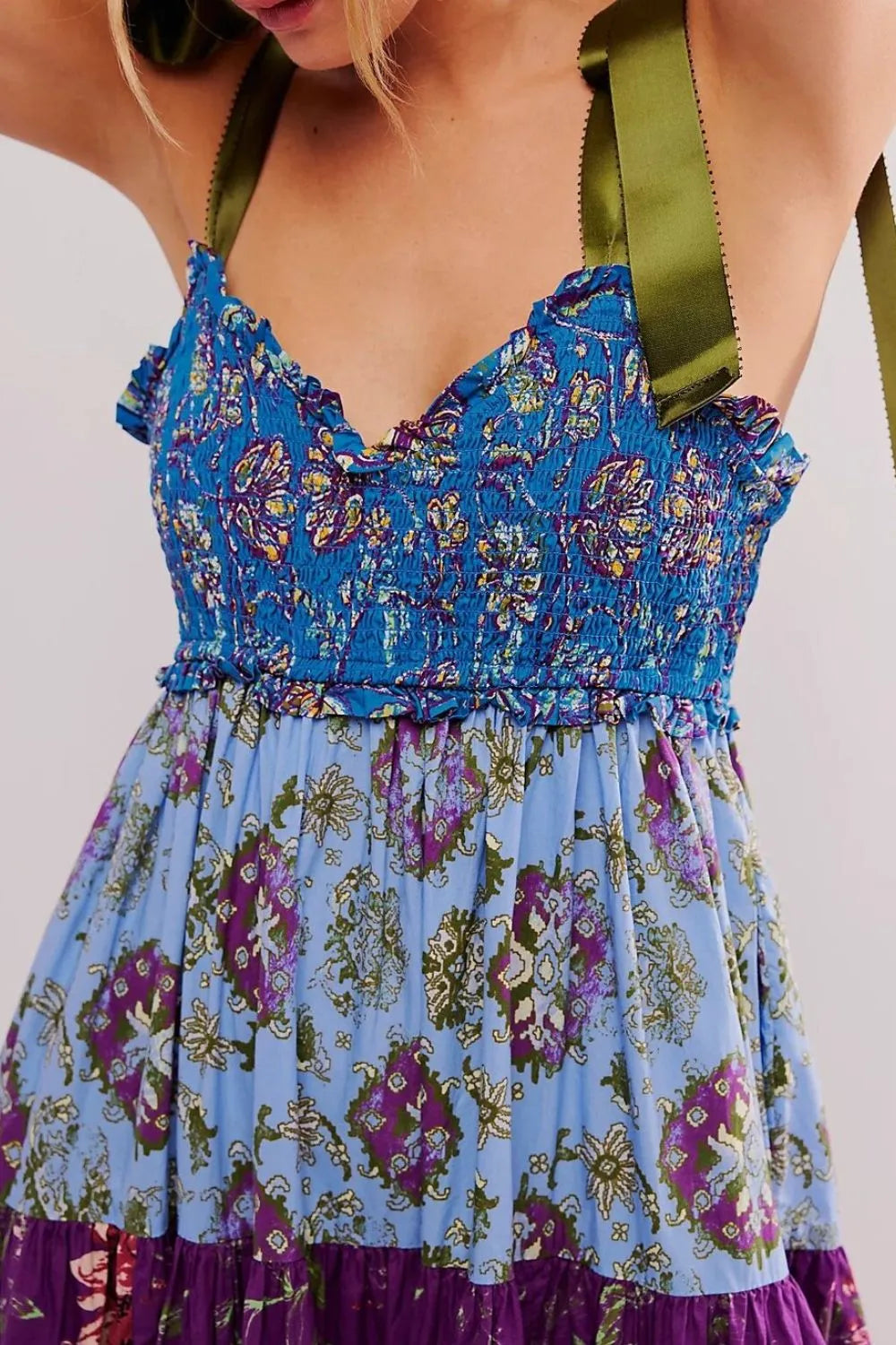 Floral tiered maxi dress in blue purple print with olive green satin straps