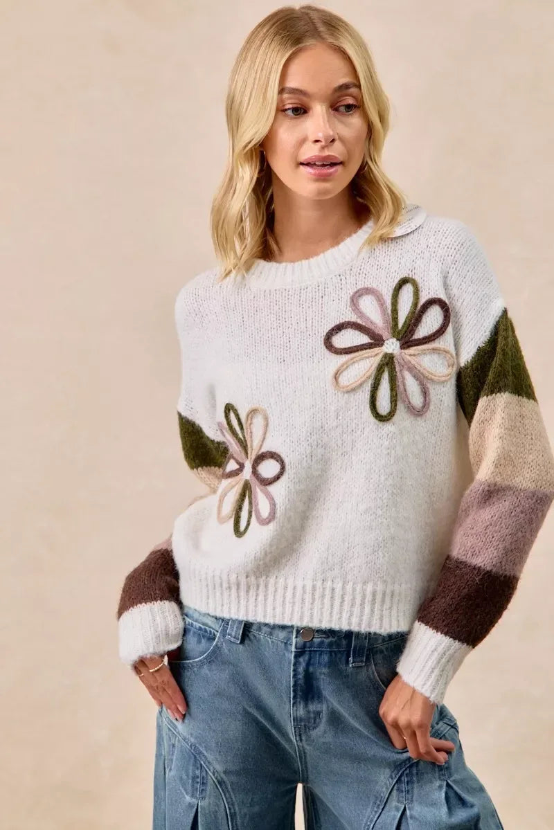 BiBi Flower Color Block Sweater - DAVERRI FASHIONS