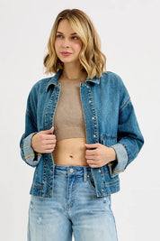 RISEN Oversized Cargo Pocket Denim Jacket with Cuffed Sleeves | Denim Jackets Daverri Fashions