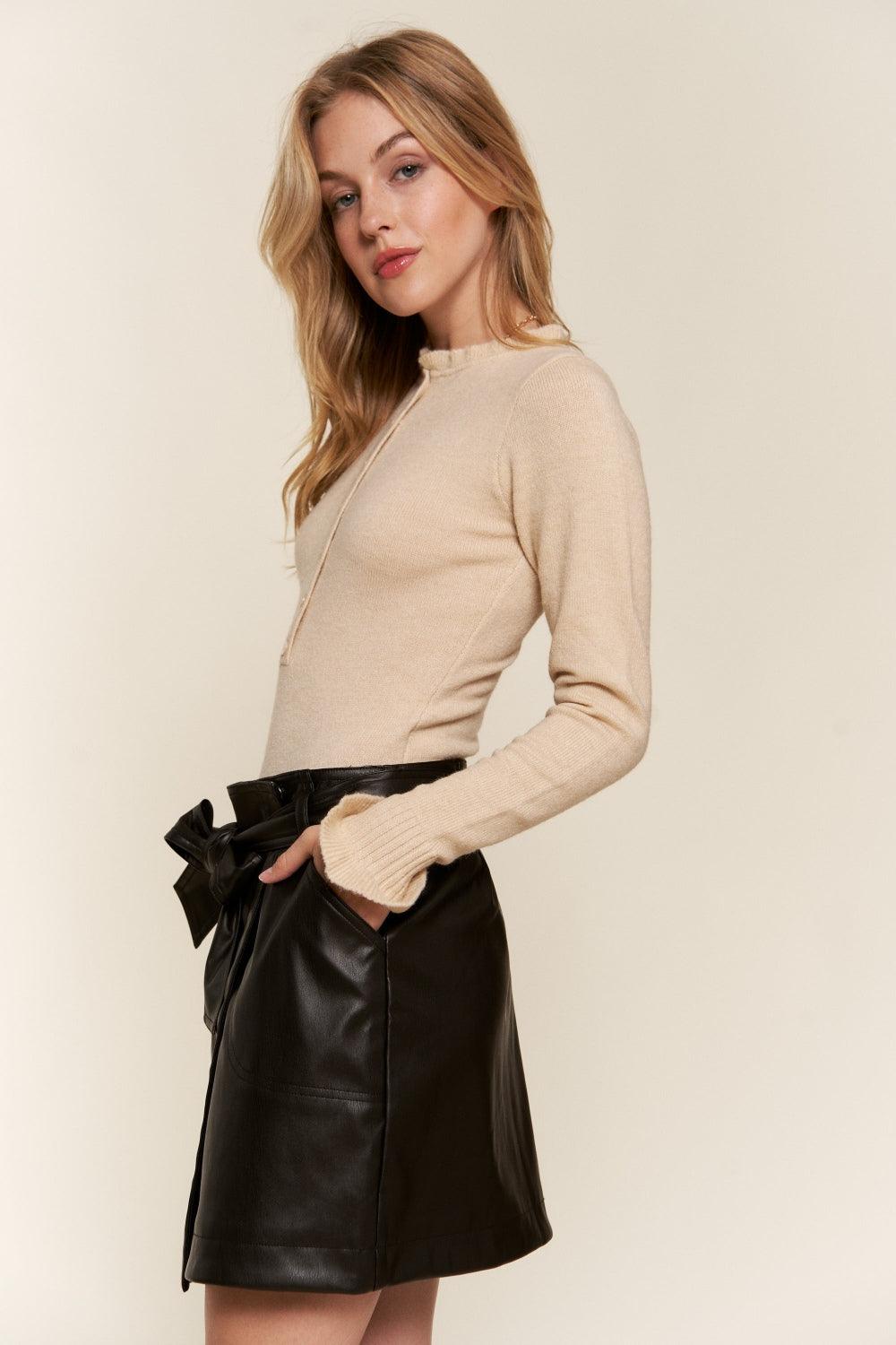 And The Why Half Button Round Neck Long Sleeve Bodysuit | Daverri Fashions