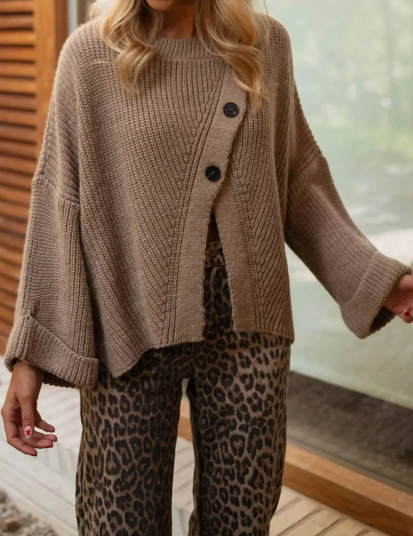 Khaki One Size Asymmetrical Button Detail Sweater | Sweaters Daverri Fashions