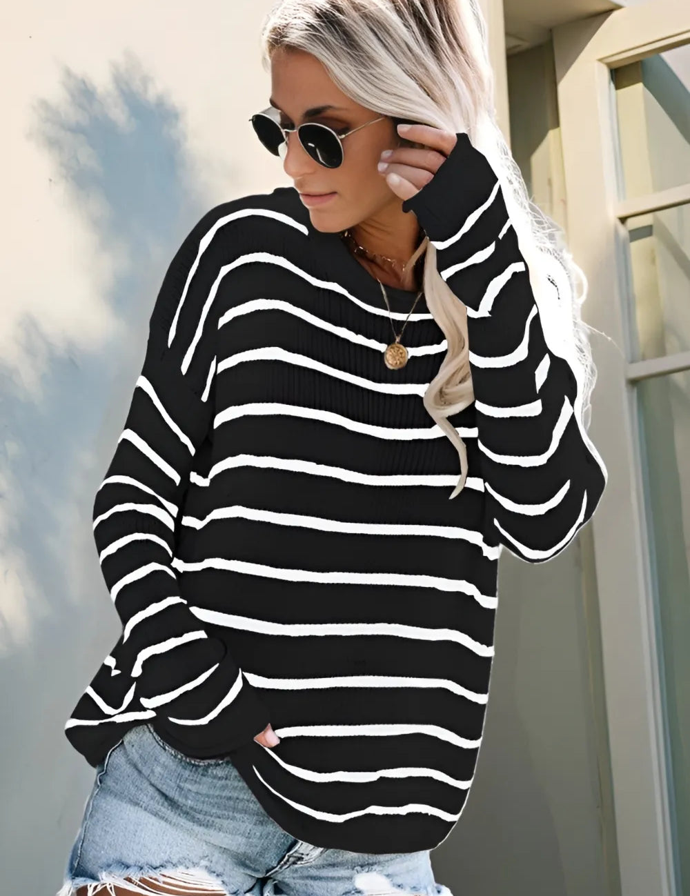 Black Striped Round Neck Drop Shoulder Sweater | Sweaters Daverri Fashions