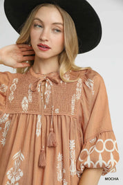 Umgee Boarder Print Tassel Tie Neck Mini Dress | Mini Dresses Daverri Fashions