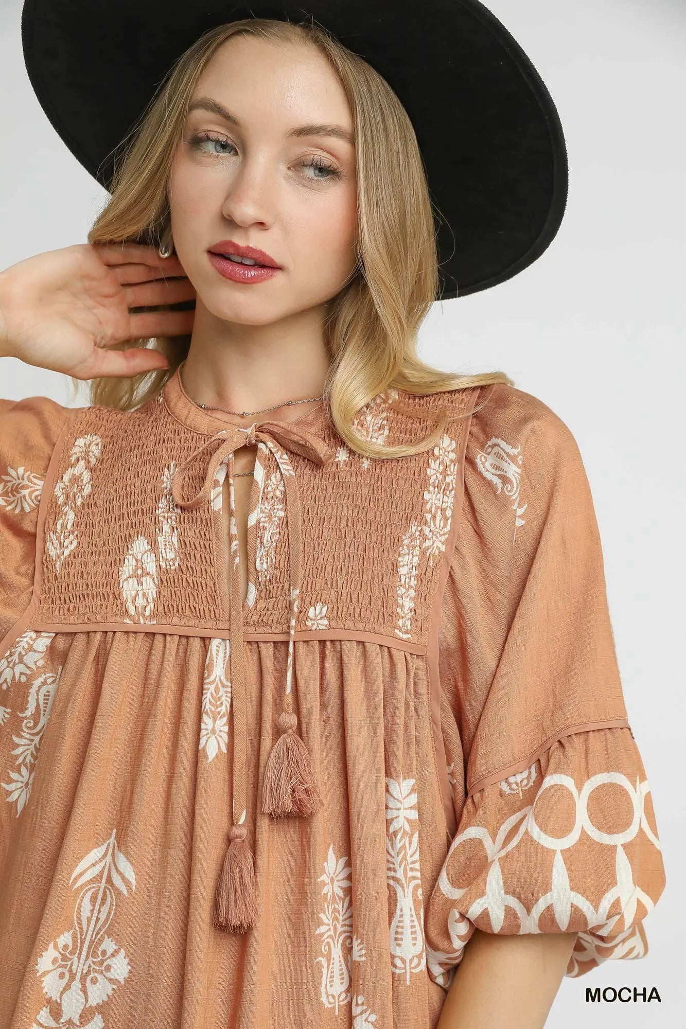 Umgee Boarder Print Tassel Tie Neck Mini Dress Mini Dresses