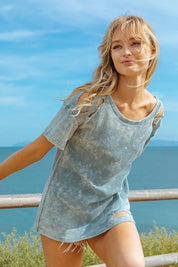 DENIM BiBi Laser Cut Mineral Washed Loose Fit Thermal Top | Tops Daverri Fashions