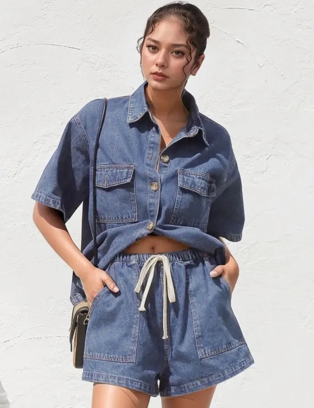 Medium Collared Neck Button Up Top and Shorts Denim Set | Outfit Sets Daverri Fashions