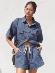 Medium Collared Neck Button Up Top and Shorts Denim Set | Outfit Sets Daverri Fashions