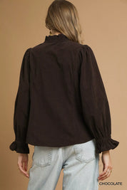 Umgee Corduroy Ruffle Shirt with Long Puff Sleeves | Shirts Daverri Fashions