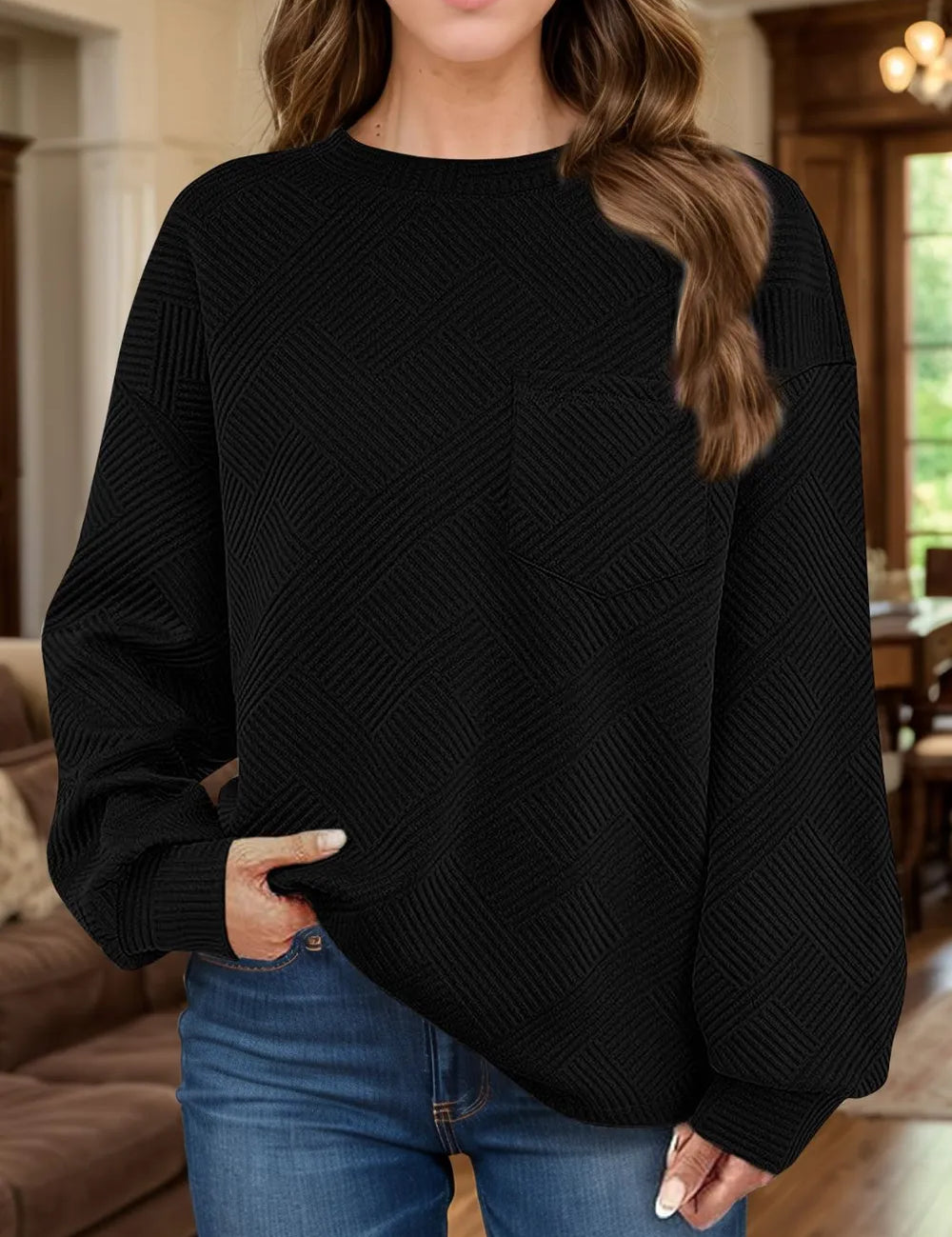 Black Full Size Texture Round Neck Long Sleeve Sweatshirt | Sweatshirts Daverri Fashions