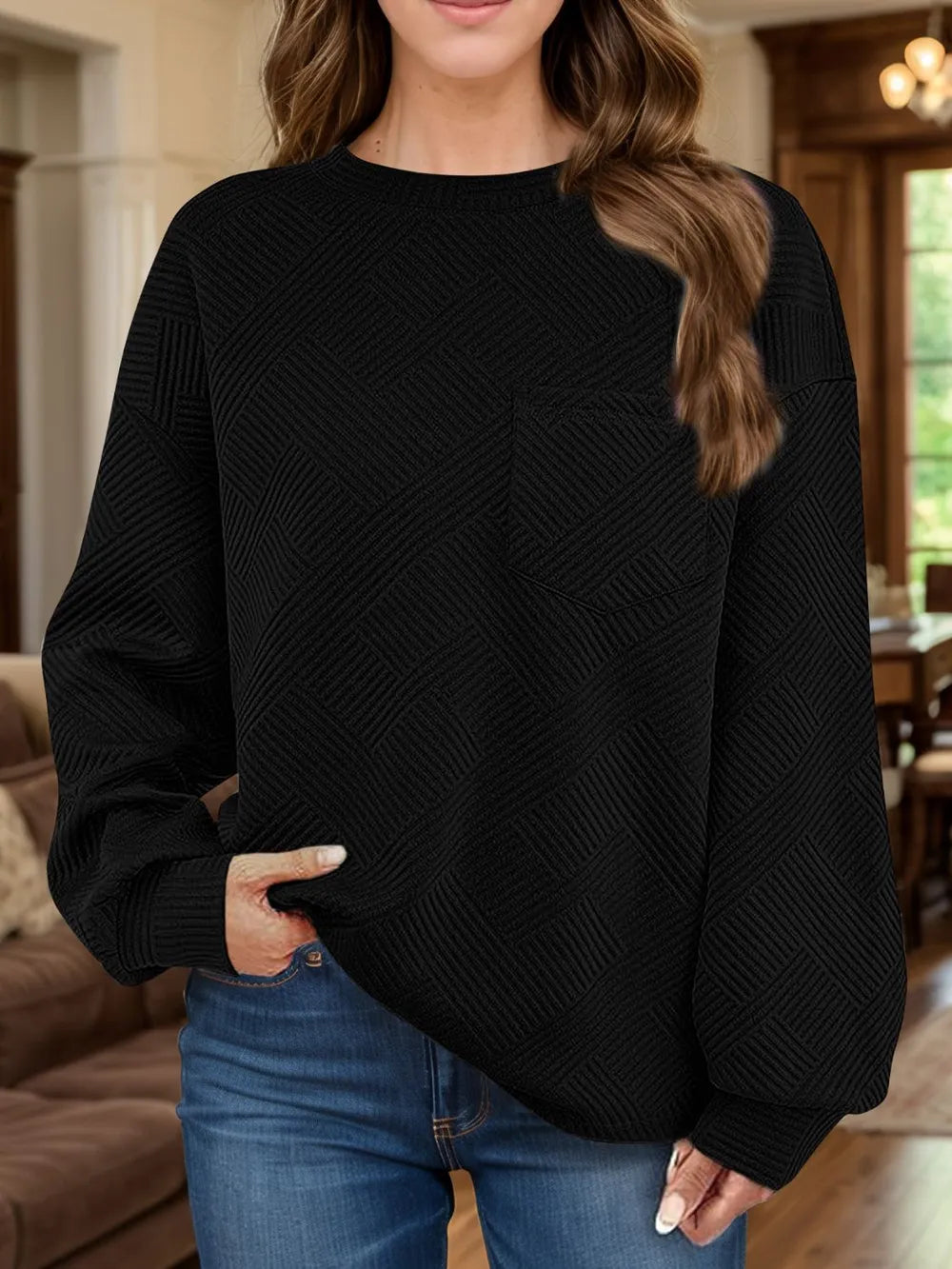 Black Full Size Texture Round Neck Long Sleeve Sweatshirt | Sweatshirts Daverri Fashions