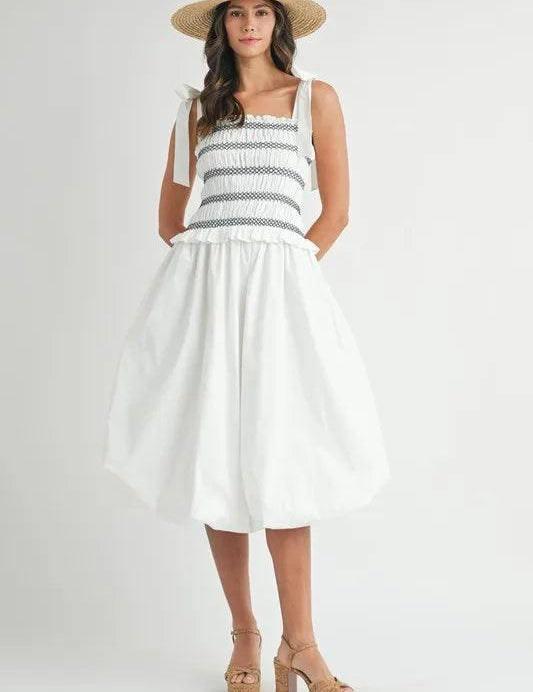 Off White S MABLE Smocked Bodice Bubble Midi Dress | Daverri Fashions
