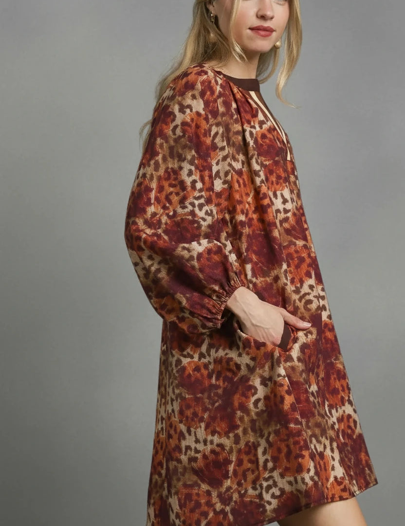 Red and orange floral print Umgee boho tunic dress with long sleeves