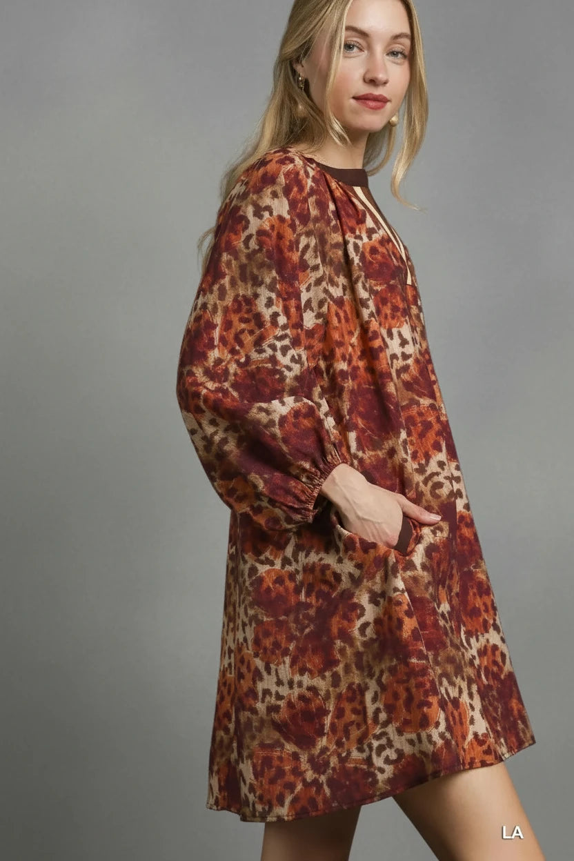 Red and orange floral print Umgee boho tunic dress with long sleeves