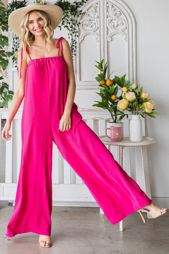 Veveret Pocketed Spaghetti Strap Wide Leg Jumpsuit Jumpsuits