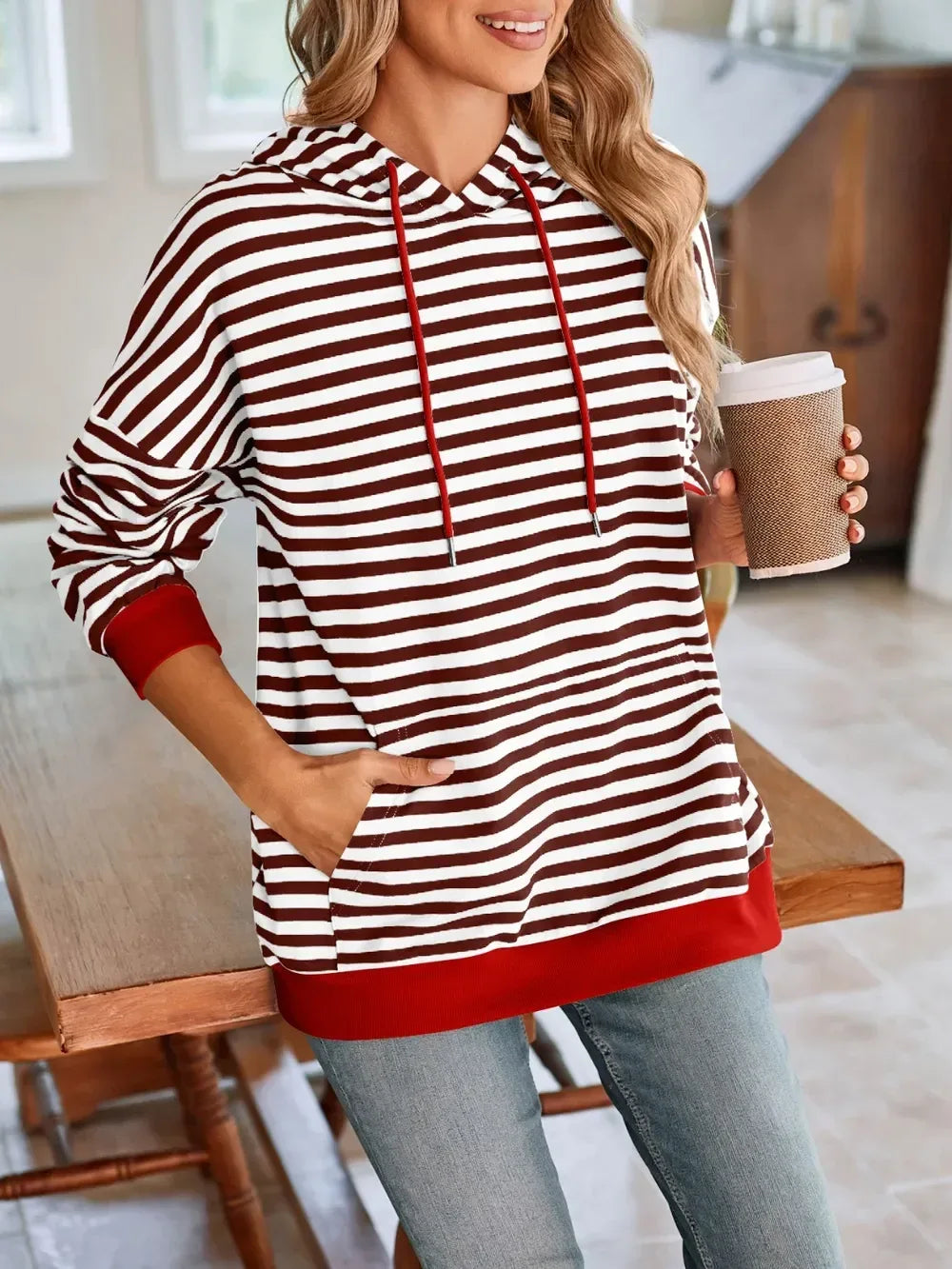 Lovelet Drawstring Striped Long Sleeve Hoodie - DAVERRI FASHIONS
