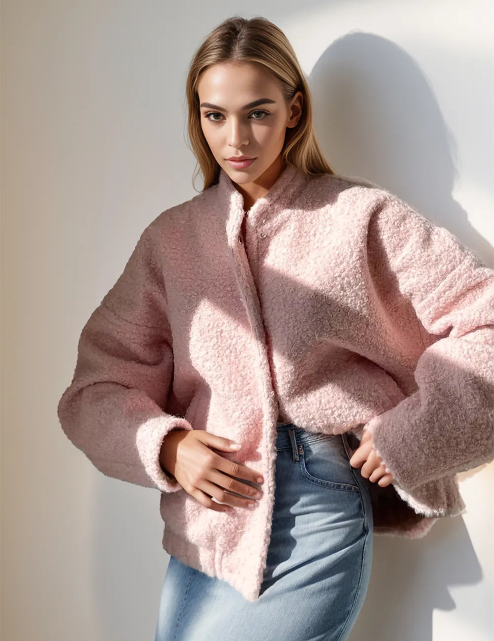 Blush Pink Double Take Plush Mock Neck Snap Down Jacket with Pockets | Jackets Daverri Fashions
