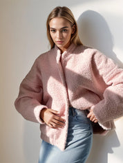 Blush Pink Double Take Plush Mock Neck Snap Down Jacket with Pockets | Jackets Daverri Fashions