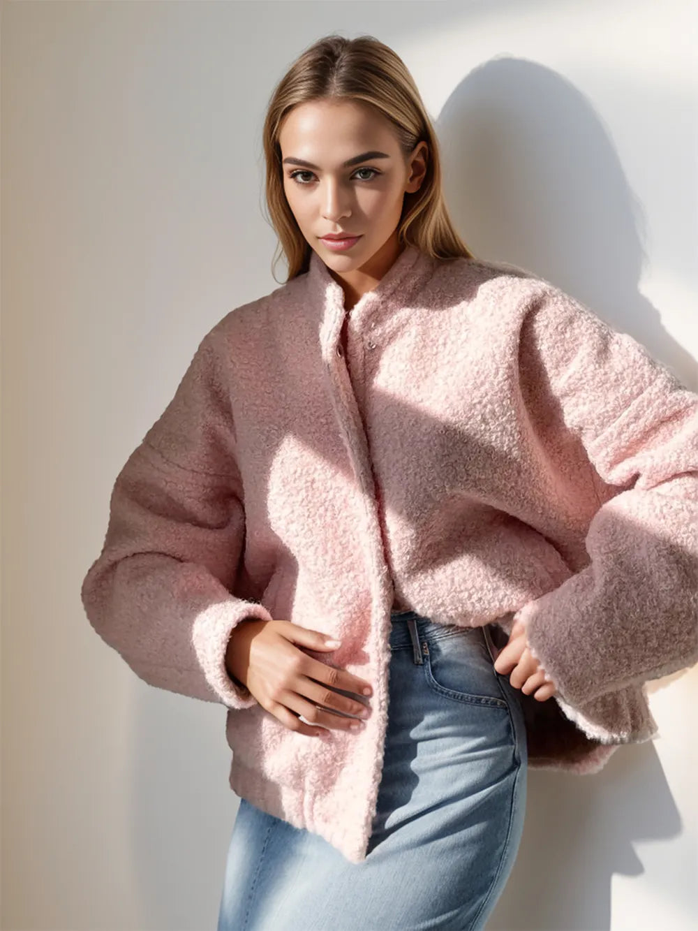 Blush Pink Double Take Plush Mock Neck Snap Down Jacket with Pockets | Jackets Daverri Fashions