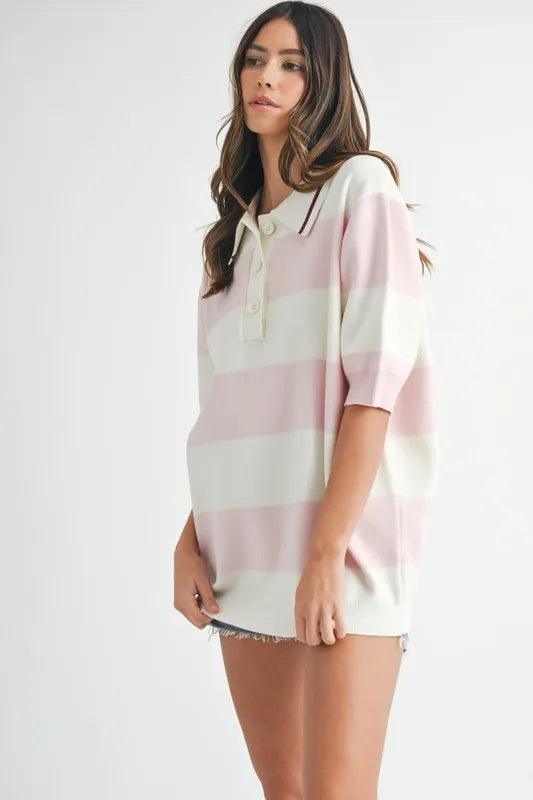 MABLE Oversized Stripe Polo Collar Sweater Sweaters
