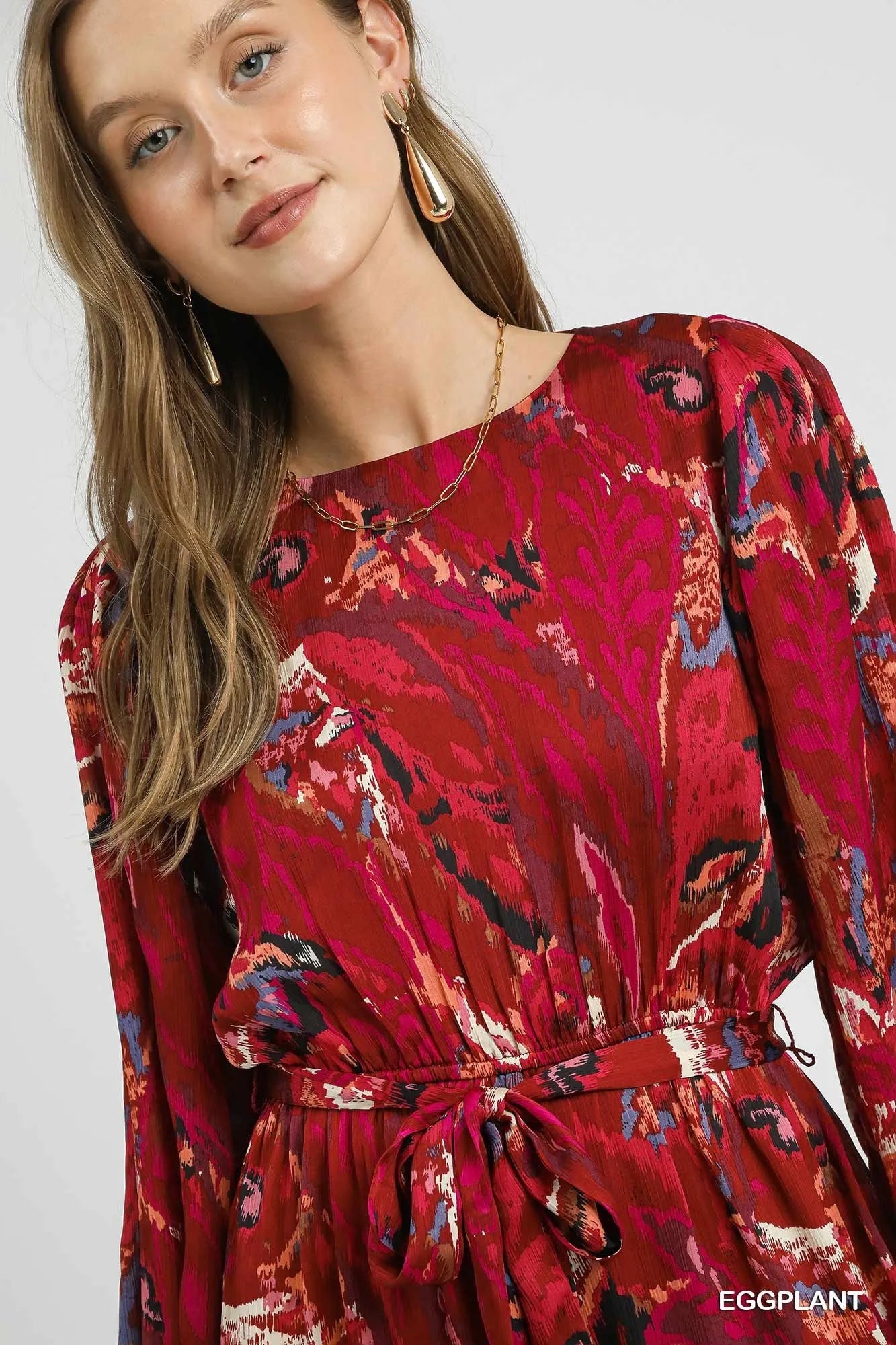 Umgee Ruffled Hem Printed Balloon Sleeve Dress Mini Dresses