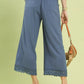 Umgee linen wide leg cropped pants in blue denim with lace trim